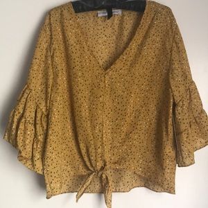 Mustard tie-front bell sleeve blouse